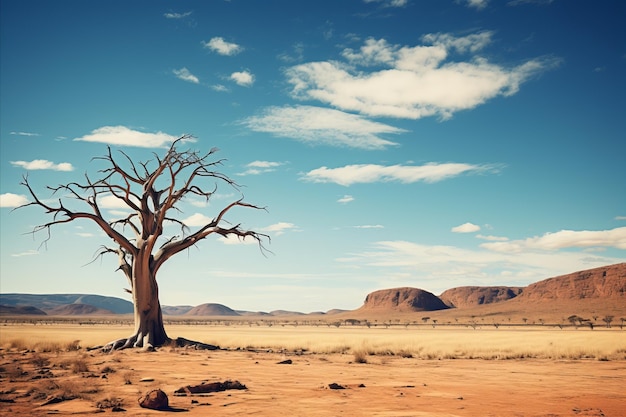 Ein einsamer, getrockneter Baum in der Wüste mit zerrissener, getrocknter Erde