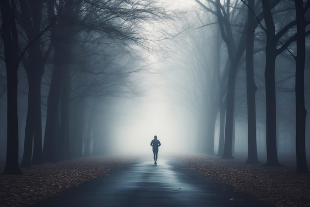 Ein einsamer Jogger steht inmitten des Nebels im Herbstwald und verkörpert Einsamkeit und Entschlossenheit, während sie den nebligen Weg betrachten.