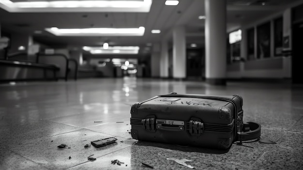 Ein einsamer Koffer sitzt verlassen in einem leeren Flughafenterminal. Der Koffer ist alt und zerstört und sieht aus, als hätte er viel durchgemacht.