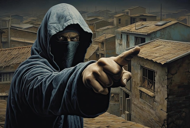 ein einsamer Mann, der eine Maske und Kapuze trägt, zeigt mit dem Finger in der Art von gewalttätigem