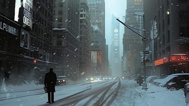 Ein einsamer Mann steht mitten auf einer verschneiten Straße und schaut auf die hohen Gebäude um ihn herum
