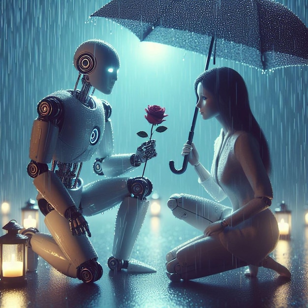 Ein einsamer obdachloser Roboter hält eine verwelkte Rose von seiner Geliebten in einer regnerischen Nacht HD-Foto