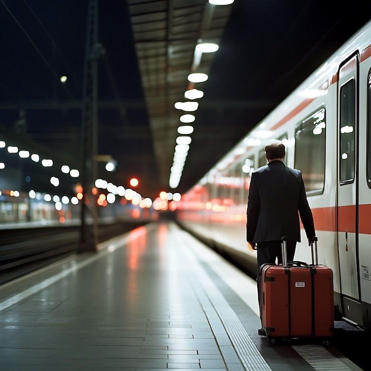 Foto ein einsamer politiker auf einem verlassenen zug spürt eine scharfe realität