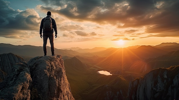 Ein einsamer Reisender bewundert den Sonnenuntergang vom Rand einer Klippe, umgeben von Bergen und Tälern, bei einem abenteuerlichen Wandererlebnis