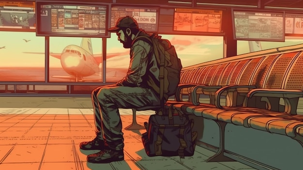 Ein einsamer Reisender sitzt an einem Flughafen Fantasy-Konzept Illustrationsgemälde
