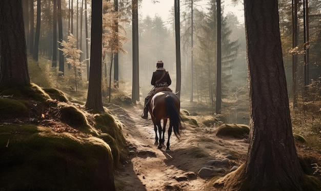 Ein einsamer Reiter wandert durch dichten Wald. Erschafft mit generativen KI-Tools