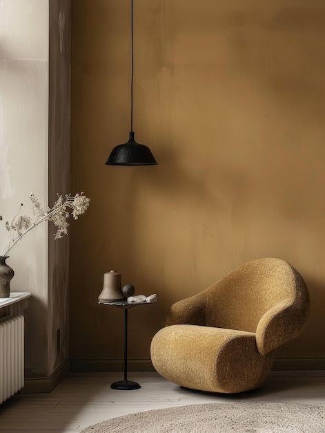 Ein einsamer Senf-Sessel steht vor einer okrfarbenen Wand und strahlt einfache Eleganz unter einer Hängelampe aus
