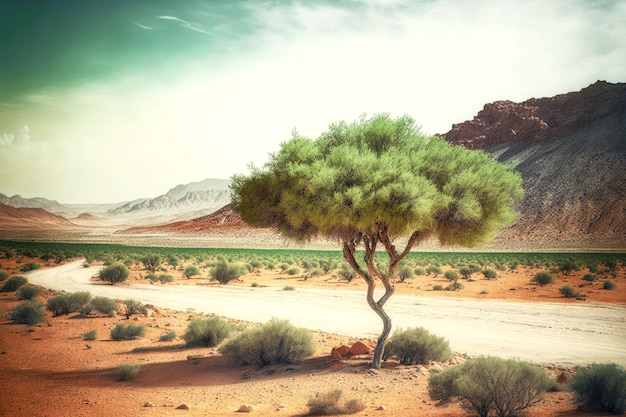 Ein einsamer verwelkter Baum, der unter den rauen, brutzelnden Bedingungen der Wüste nicht bestehen konnte