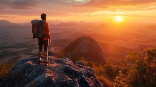 Ein einsamer Wanderer mit Rucksack steht auf einem Berggipfel und starrt den Sonnenaufgang über einem weiten Tal an, das Abenteuer und die freie Natur verkörpert