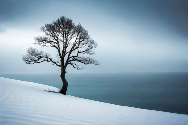 Ein einsamer Winterbaum reflektiert den ruhigen See und verkörpert Ruhe, während Schnee die Landschaft bedeckt