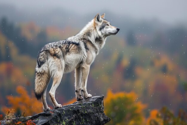 Ein einsamer Wolf auf einer Klippe in Quebec, Kanada, an einem regnerischen Herbsttag