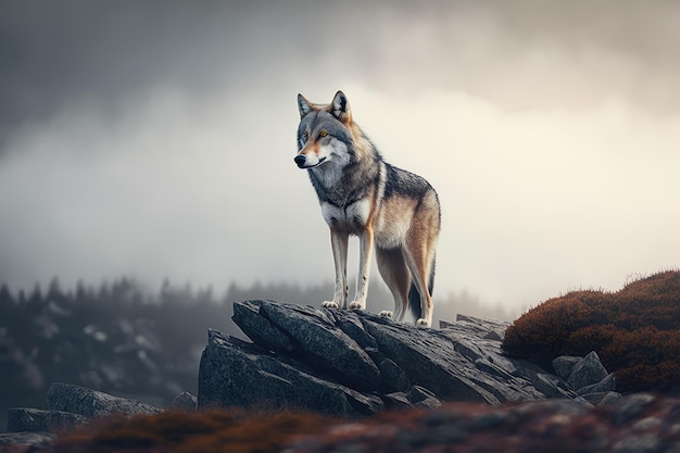 Ein einsamer Wolf, der auf einem felsigen Berg steht