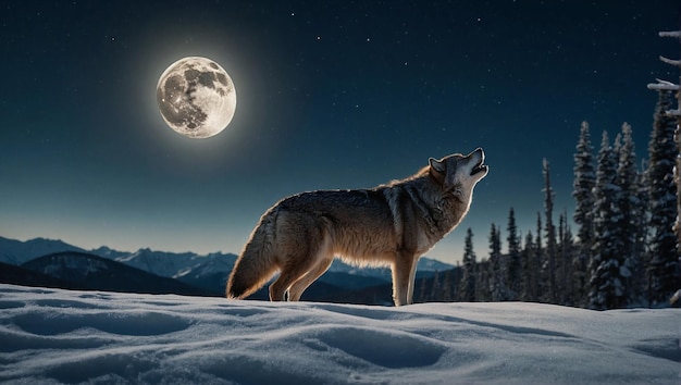 Ein einsamer Wolf heult auf den Mond in einer riesigen schneebedeckten Wildnis