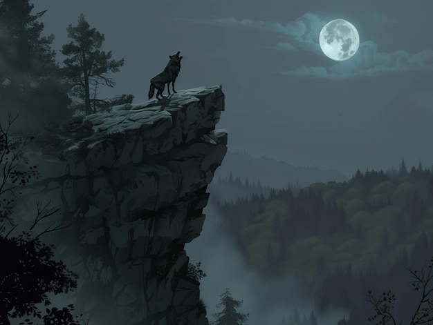 Ein einsamer Wolf steht stolz auf einem Felsvorsprung, der gegen den Vollmond silhouettiert ist. Der Wolf lässt ein mächtiges Heulen aus, das durch den nebligen Wald hallt und ein Gefühl von Geheimnis und Wildnis erzeugt.