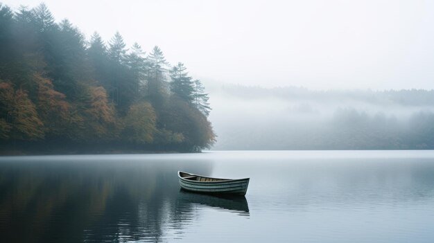 Foto ein einsames boot mit einem mit nebel bedeckten see in malerischer aussicht