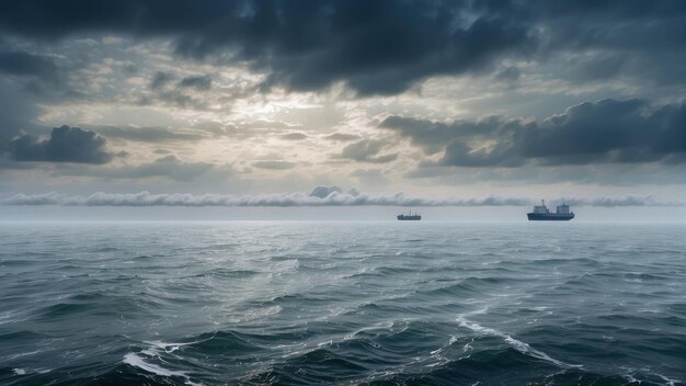 Ein einsames Frachtschiff auf einem weiten Ozeanhorizont