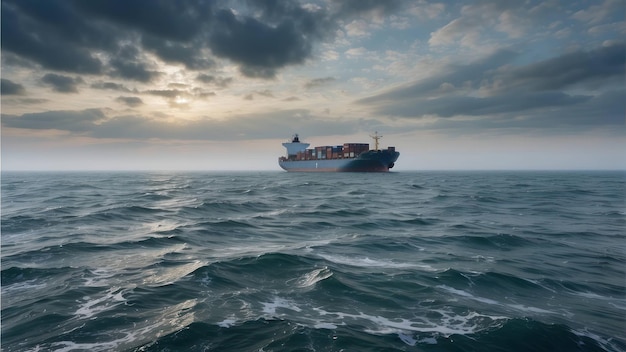 Ein einsames Frachtschiff auf einem weiten Ozeanhorizont