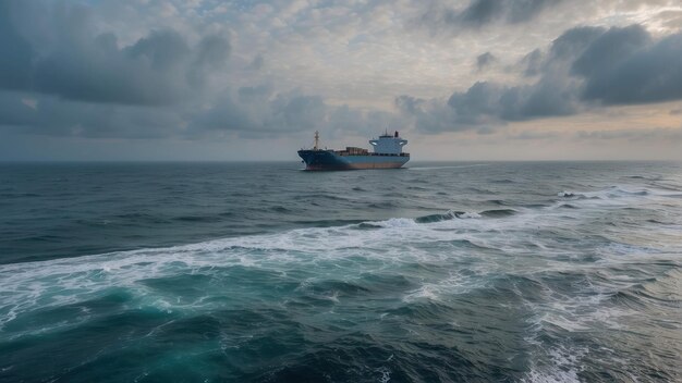 Ein einsames Frachtschiff auf einem weiten Ozeanhorizont