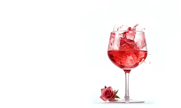 Ein einsames Glas Roséwein auf weißem Hintergrund Rosa Getränk und Rose in Nahaufnahme mit Platz für Text