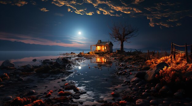 Foto ein einsames haus wird im wasser gesät, in dem sich die sonne widerspiegelt