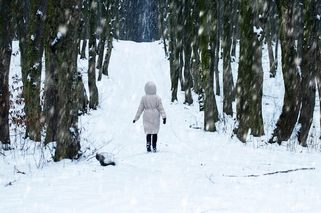 Ein einsames Mädchen geht im Winter während eines Schneefalls im Park spazieren