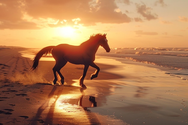 Ein einsames Pferd trottet anmutig entlang eines Sandstrandes