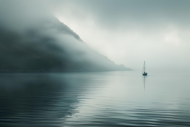 Foto ein einsames segelboot auf einem nebligen fjord