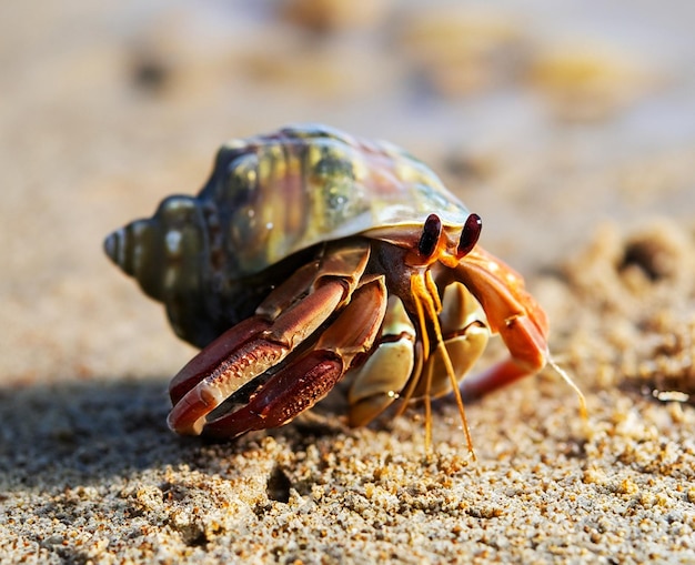 Ein Einsiedlerkrebs, der am Strand spaziert und sich auf ein Objekt konzentriert