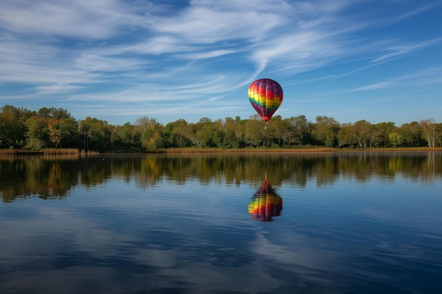 Ein einzelner Ballon schwebt über einem ruhigen See und spiegelt den bunten Ballon wider