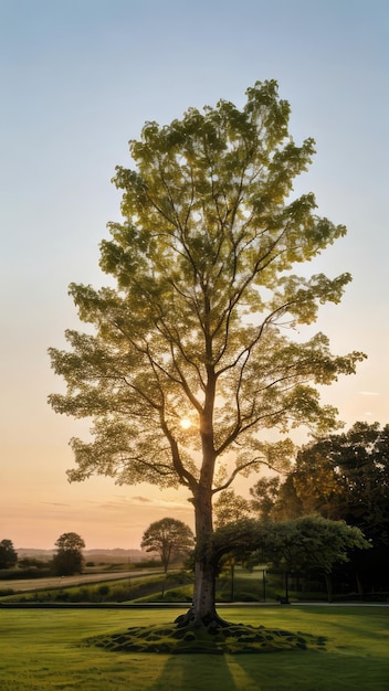 Ein einzelner Baum in einem Park Sonnenuntergang goldene Stunden entspannende Naturfotografie