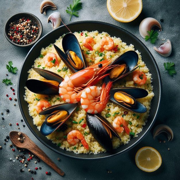 Ein einzelner Couscous mit Muscheln und Garnelen von oben