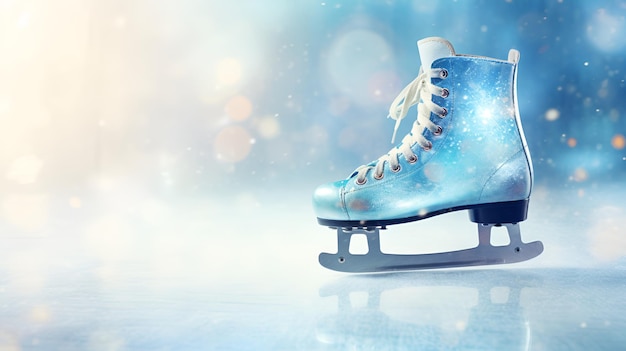 Ein einzelner, glänzend blauer Schlittschuh auf hellblauem Bokeh-Hintergrund. Blau glitzerndes Schlittschuh-Banner mit Platz für Text. Wintersport- und Aktivitätskonzept, Eiskunstlauf-Hintergrund, KI