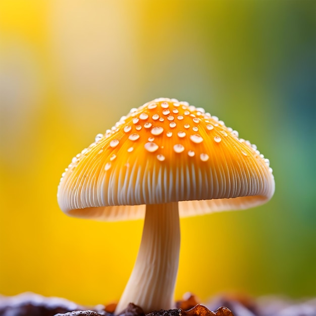 ein einzelner Pilz seine Kappe eine Mischung aus pastellfarbenen Farbtönen sein Stamm ein helles, lebendiges Gelb