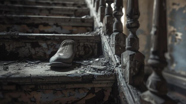 Foto ein einzelner schuh sitzt auf der treppe eines verfallenen gebäudes