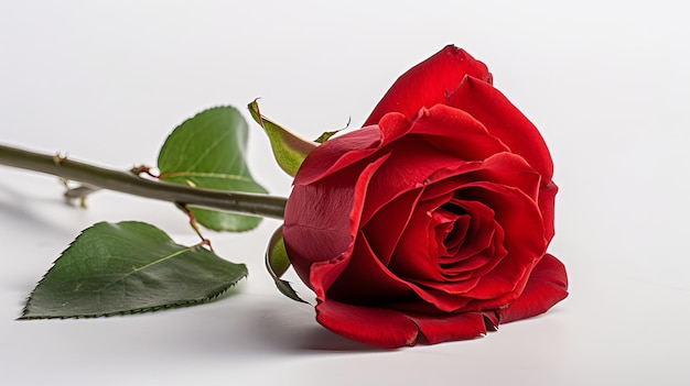 Ein einzelner Stiel einer leuchtend roten Rose auf einem einfachen weißen Hintergrund, der von der KI generiert wurde