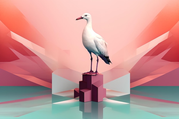 ein einzelner weißer Vogel sitzt oben auf einem einzelnen rosa Würfel