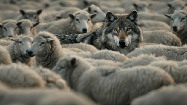 Ein einzelner Wolf, verkleidet in einer Schafherde, symbolisiert die Täuschung