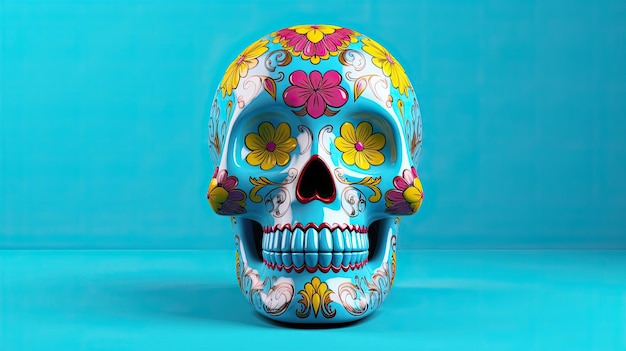 Ein einzelner Zuckerkopf oder Catrina auf einem cyanfarbenen Hintergrund oder Tapeten