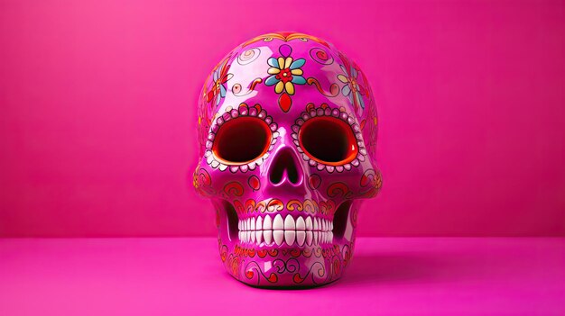 Ein einzelner Zuckerkopf oder Catrina auf einem Fuchsia-Hintergrund oder Tapeten