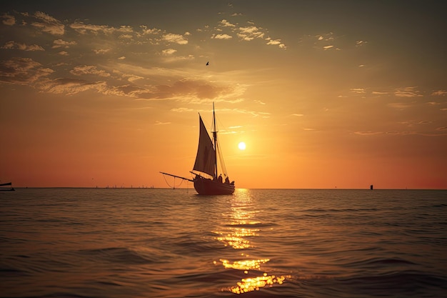 Ein einzelnes Boot, das unter dem orangefarbenen Sonnenuntergang segelt