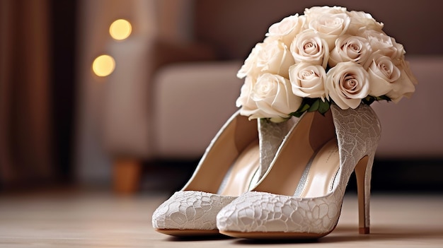 ein einzigartiges 3D-Foto von einem Hochzeitsbouquet und Brautschuhen mit schlichtem Hintergrund