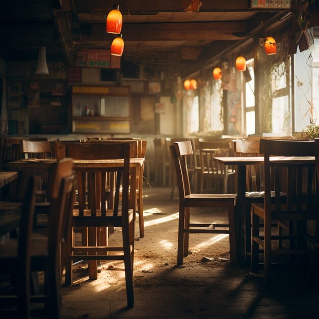 Ein einzigartiges Foto von einem verschwommenen Restaurant mit hölzernen Stühlen und Tischen