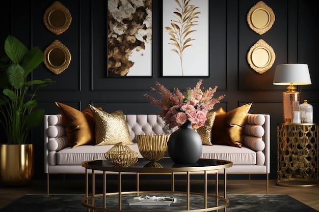 Ein einzigartiges Wohnzimmer in modernem Ambiente mit einem Design-Sofa, einem Couchtisch in edlem Goldimitat, Posterrahmen, Blumen in Vasen, Dekorationen und individuellen Wohnakzenten