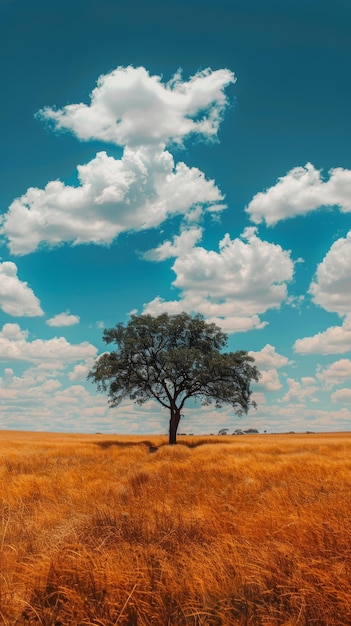 Ein einziger Baum auf einem grasbewachsenen Hügel unter blauem Himmel