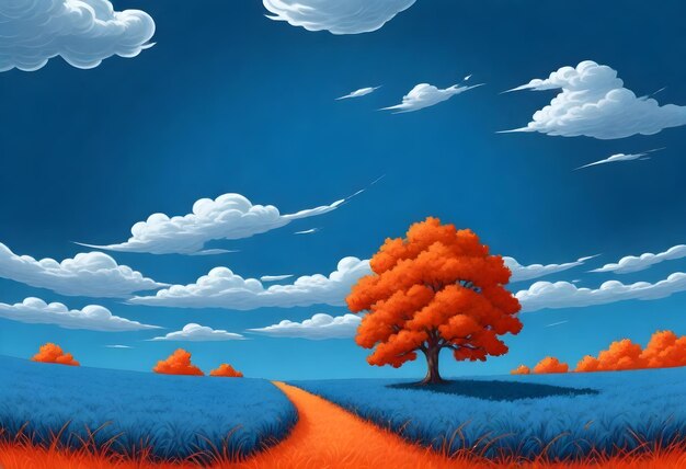 Ein einziger orangefarbener Baum in der Mitte eines Feldes mit rotem Gras unter einem blauen Himmel mit Wolken