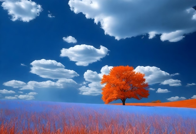 Ein einziger orangefarbener Baum in der Mitte eines Feldes mit rotem Gras unter einem blauen Himmel mit Wolken