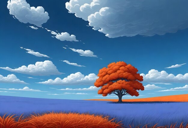 Ein einziger orangefarbener Baum in der Mitte eines Feldes mit rotem Gras unter einem blauen Himmel mit Wolken