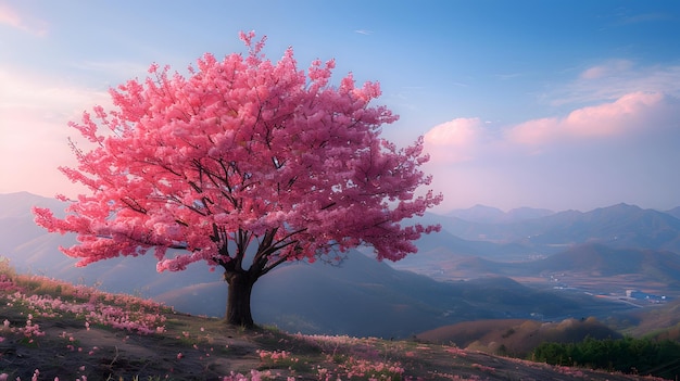 Ein einziger rosa Baum steht auf einem Hügel mit einer Bergkette im Hintergrund Der Himmel ist blau