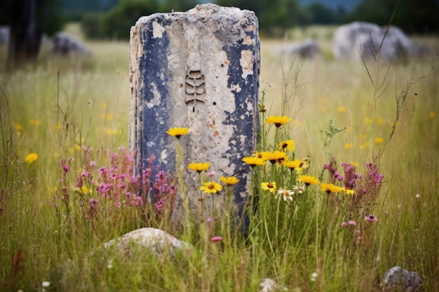 Foto ein einziger verwitterter grabstein auf einem feld von wildblumen