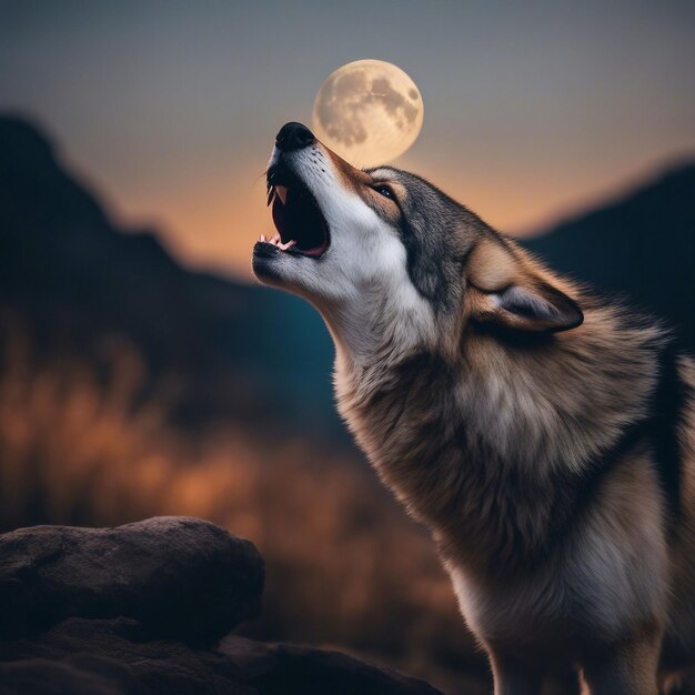 Ein einziger Wolf heult unter dem leuchtenden Mond im dunklen Wald